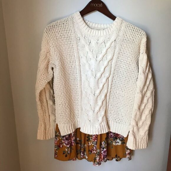 Oddy, S/M, lagenlook Cableknit sweater w/ handkerchief hem. Oatmeal and mustard - Picture 2 of 12